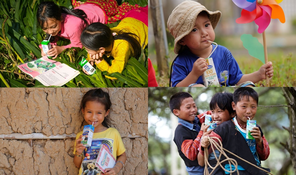 A collage of children drinking milkDescription automatically generated