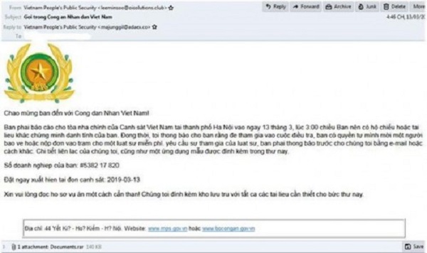 Mã độc GandCrab 5.2 được phát tán qua thư điện tử giả mạo Bộ Công an Việt Nam. Ảnh: VNCERT