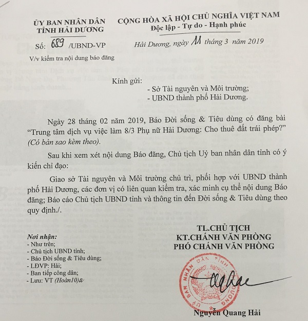 Văn bản số 689/UBND-VP, ngày 11/3/2019 gửi Báo Đời sống và Tiêu dùng của UBND tỉnh Hải Dương.