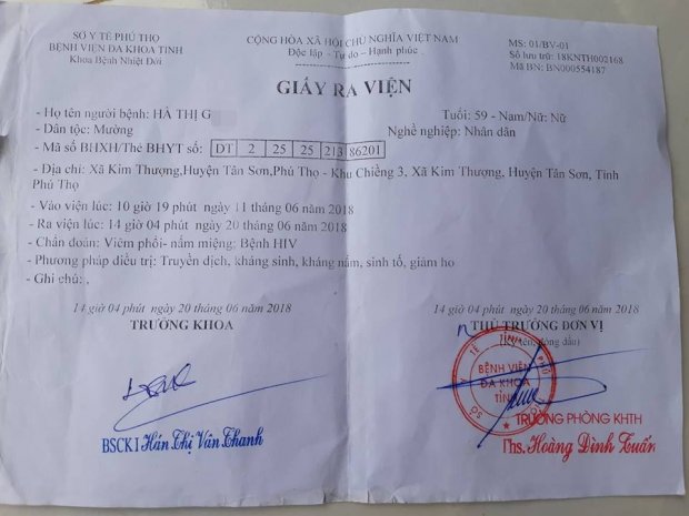 Giấy ra viện chẩn đoán bà G. bị nhiễm HIV.