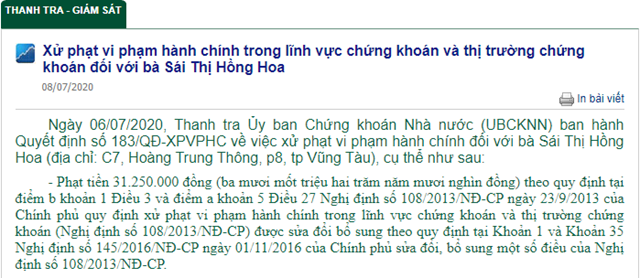 Ủy ban Chứng khoán Nhà nước phát đi thông báo xử phạt hành vi vi phạm hành chính đối với bà Sái Thị Hồng Hoa.