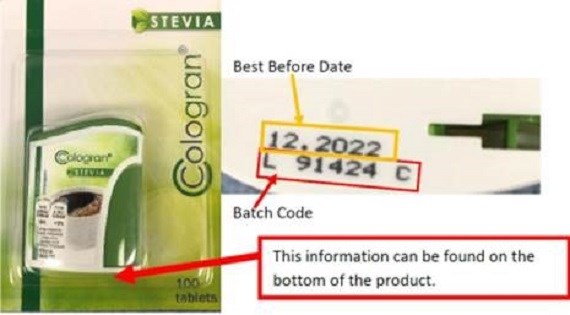 Sản phẩm Cologran Stevia bị thu hồi vì có chứa phụ gia thực phẩm mà không được công bố trên nhãn sản phẩm. (Ảnh: VFA) 