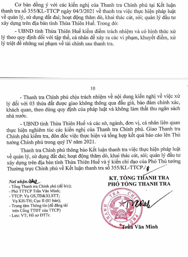 Thanh tra Chính phủ thông báo Kết luận thanh tra tại tỉnh Thừa Thiên-Huế, giai đoạn 2014-2018.
