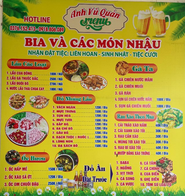 Menu qu&aacute;n rất đa dạng phong ph&uacute;