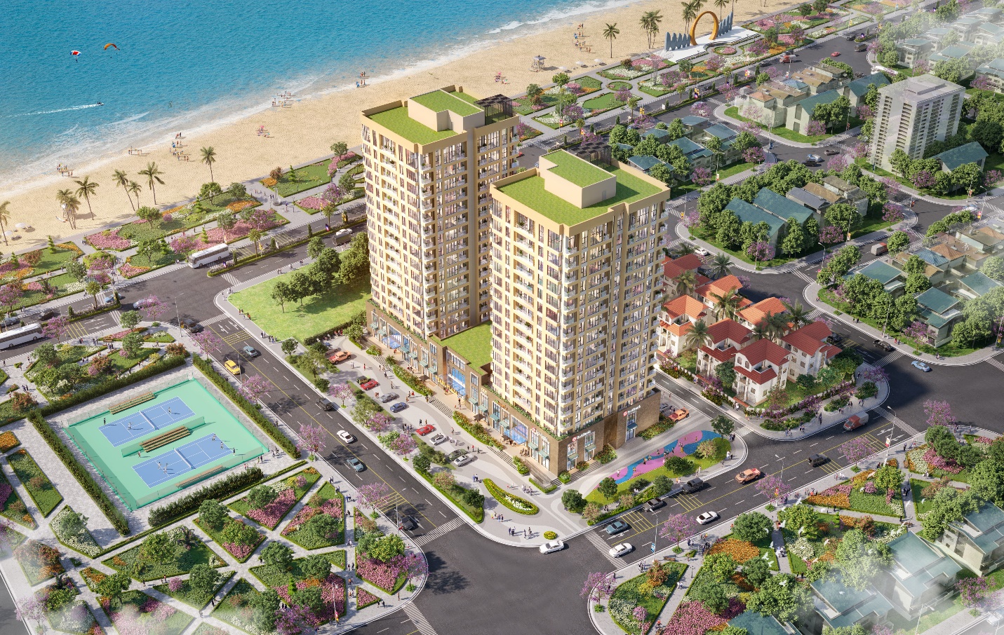 A high angle view of a beach and a building

AI-generated content may be incorrect.