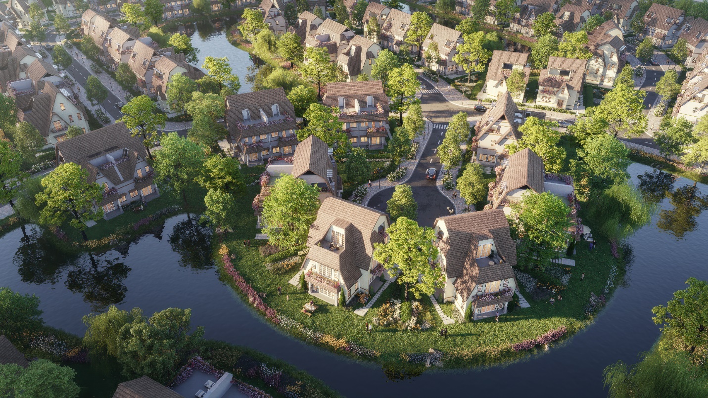 A group of houses surrounded by trees

Description automatically generated