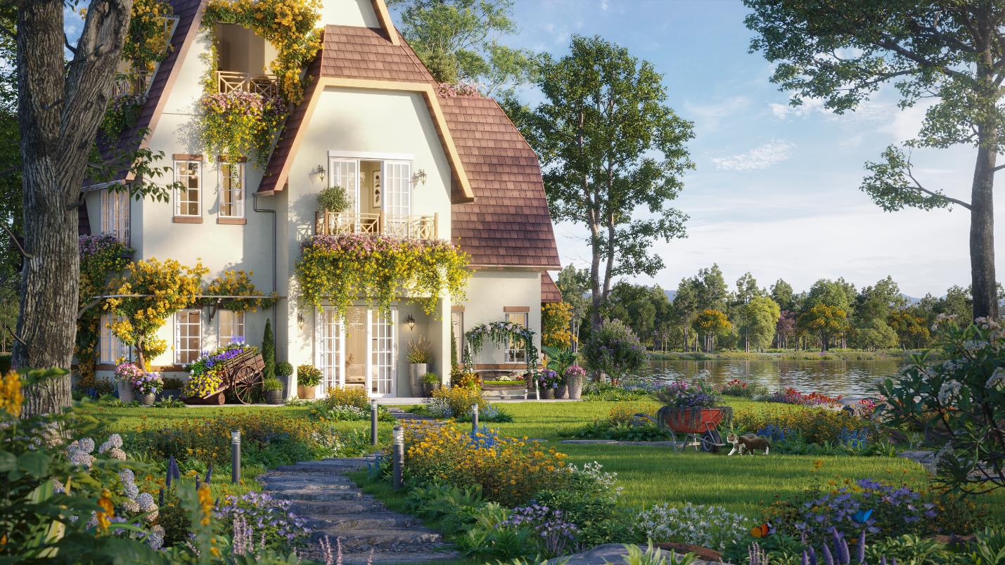 A house with a garden and a pond

Description automatically generated