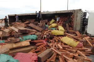 Hà Tĩnh: Xe đầu kéo chở gỗ quý lật nhào trên quốc lộ