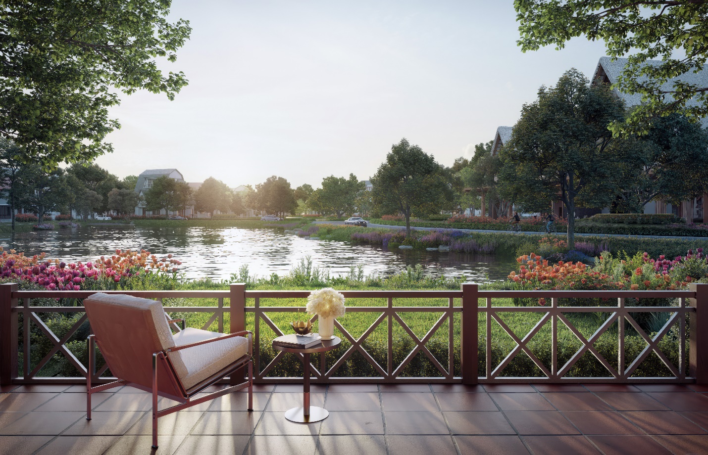 A chair and table on a deck overlooking a lake

Description automatically generated