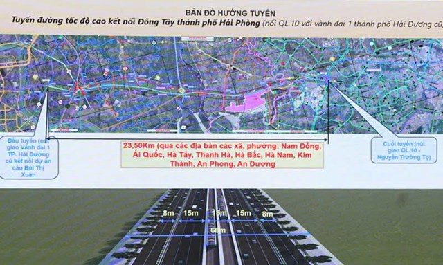 Bản đồ hướng tuyến và mặt cắt ngang tuyến đường tốc độ cao Đông – Tây Hải Phòng, dài 23,5 km, kết nối Quốc lộ 10 với Vành đai 1 TP Hải Dương cũ.