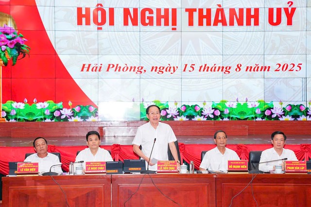 Bí thư Thành ủy Lê Tiến Châu phát biểu tại Hội nghị Thành ủy Hải Phòng chiều 15/8, thảo luận và góp ý dự thảo Văn kiện trình Đại hội Đảng bộ thành phố lần thứ I, nhiệm kỳ 2025 – 2030.