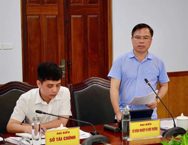 Đại biểu Sở N&ocirc;ng nghiệp v&agrave; M&ocirc;i trường b&aacute;o c&aacute;o, đề xuất giải ph&aacute;p phối hợp trong c&ocirc;ng t&aacute;c GPMB, đảm bảo tiến độ v&agrave; hiệu quả.