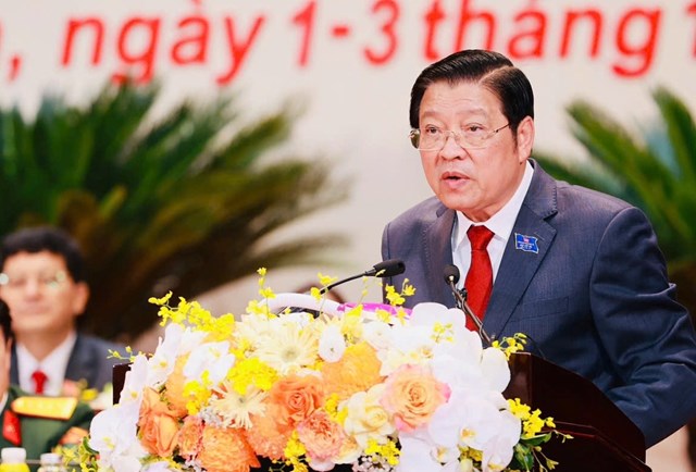 Đồng chí Phan Đình Trạc - Ủy viên Bộ Chính trị, Bí thư Trung ương Đảng, Trưởng Ban Nội chính Trung ương phát biểu tại Đại hội