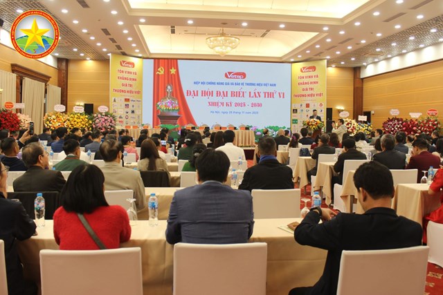 Toàn cảnh Đại hội đại biểu lần thứ VI Hiệp hội Chống hàng giả và Bảo vệ thương hiệu Việt Nam.
