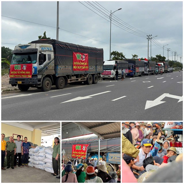 Đại diện C&ocirc;ng ty TNHH Tr&aacute;i C&acirc;y T&agrave;i 001 phối hợp c&ugrave;ng C&ocirc;ng an địa phương chuẩn bị c&aacute;c phần qu&agrave; cứu trợ, sẵn s&agrave;ng chuyển đến b&agrave; con v&ugrave;ng lũ miền Trung.