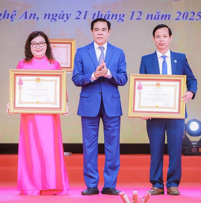 Thừa ủy quyền, đồng ch&iacute; V&otilde; Trọng Hải - Ph&oacute; B&iacute; thư Tỉnh ủy, Chủ tịch UBND tỉnh Nghệ An đ&atilde; trao trao Hu&acirc;n chương Lao động Hạng Ba cho 2 c&aacute; nh&acirc;n. Ph&oacute; Chủ tịch UBND tỉnh Th&aacute;i Văn Th&agrave;nh trao Bằng khen của Thủ tướng Ch&iacute;nh phủ cho 2 c&aacute; nh&acirc;n.