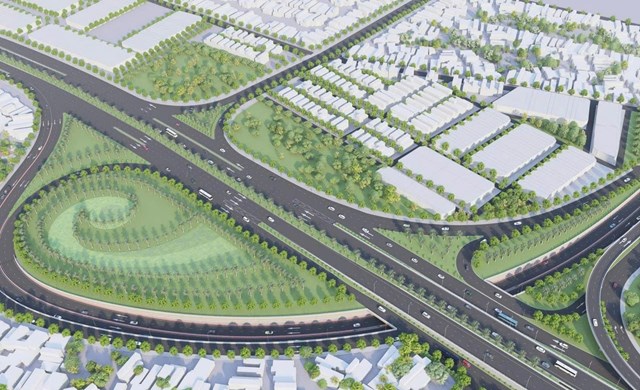 Phối cảnh tổng thể tuyến đường nối quốc lộ 5 với quốc lộ 10 qua địa b&agrave;n TP Hải Ph&ograve;ng, với quy m&ocirc; mặt cắt lớn, c&aacute;c n&uacute;t giao kh&aacute;c mức v&agrave; kh&ocirc;ng gian c&acirc;y xanh đồng bộ.