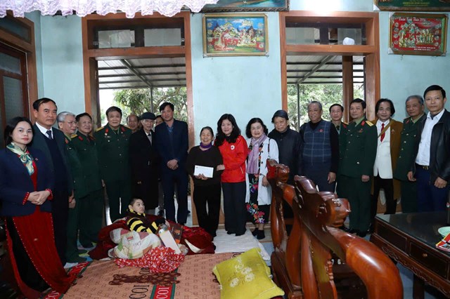 Đ/c thiếu tướng Hoàng Mạnh An, nguyên viện trưởng Viện Quân y 103 cùng đoàn công tác của Hội Quân nhân y Việt Nam đến thăm và tặng quà cho cháu Trần Thị Hợp là con gái cố Đại tá Trần Xuân Tích ở thôn Nghĩa Lý, xã Đại Đình bị di chứng nhiễm chất độc hóa học Dioxin.