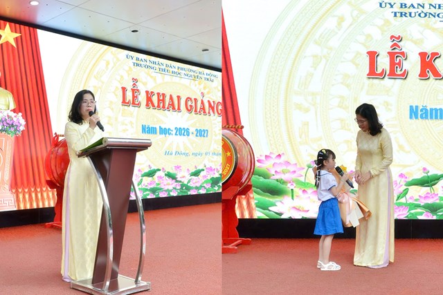 cô Nguyễn Thanh Vân, Hiệu trưởng nhà trường lên phát biểu và nhận hoa từ khối học sinh lớp 1